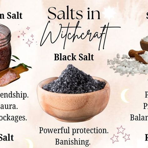 Donna Trinder on Instagram: "Salt in witchcraft, like candle magic, is one of the essential tools.   Types of Salts and Their Uses:  Sea Salt: Commonly used for purification and protection rituals. It’s believed to absorb negative energies and can be sprinkled around your home or sacred space.  Himalayan Pink Salt: Known for its healing properties, this salt is often used in rituals aimed at health and well-being. It can also be used in baths to cleanse the aura.  Black Salt: Created by combining pure salt with charcoal or ashes, black salt is powerful for banishing and protection spells. It can be sprinkled at doorways to keep unwanted energies at bay.  Epsom Salt: Often used in baths, Epsom salt is great for relaxation and cleansing. It helps to soothe the body and spirit, making it a pe Epsom Salt Witchcraft, Salt In Witchcraft, Wisdom Spell, Protection Rituals, Spell Ingredients, Pure Salt, Salt Wash, Black Salt, Protection Spells