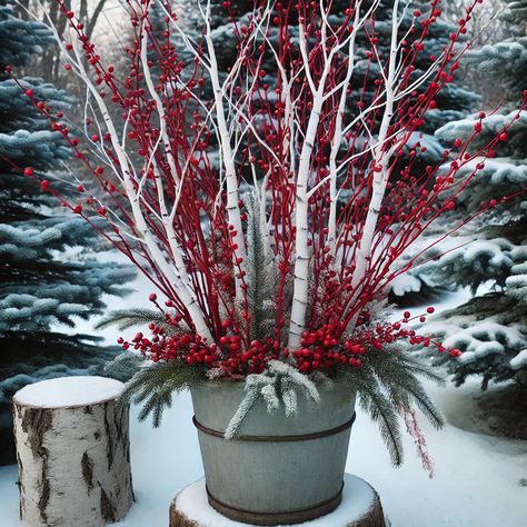 22 Outdoor Gorgeous Winter Containers Ideas to Transform Your Space Christmas Tree In Outdoor Planter, Christmas Decor Ideas With House Plants, Planters With Birch Sticks, 5 Gallon Bucket Christmas Ideas, Winter Flower Pot Ideas, Outdoor Christmas Planters Winter Porch Front Doors, Thanksgiving Planters Outdoor, Outdoor Winter Arrangements, Winter Arrangements Outdoor