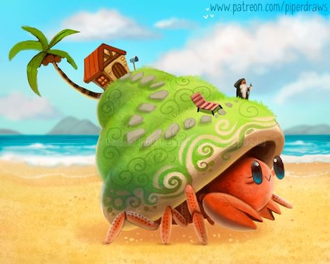 3065. Hermit's Crab - Illustration Cryptid Creations, Crab Cartoon, Piper Thibodeau, Crab Illustration, Beach Illustration, Cartoon Birds, Hermit Crab, Daily Painting, Cute Animal Drawings