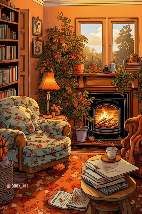 Living Room Illustration, Fall Illustration, Cottagecore House, Cosy Mysteries, Paris Inspired, Relaxing Art, Interior Illustration, House Illustration, Cottage Art