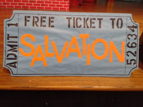 Giant salvation ticket for BHBC Worship Rally Vacation Bible School Circus Theme, Cph Vbs Celebrate The Savior, Shine Vbs 2024 Decorations, Carnival Vbs Decorations, Circus Vbs Decorations, Carnival Vbs, Sports Vbs, Movie Theater Theme, Camp Vbs