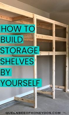 How to build garage storage shelves by yourself! This is the easiest way to construct a one-man-job (or one-woman job) storage shelving. Build Storage Shelves, Garage Kasten, Build Garage, Garage Storage Inspiration, Plan Garage, Garage Organization Tips, Diy Storage Shelves, Garage Organisation, Garage Workshop Organization