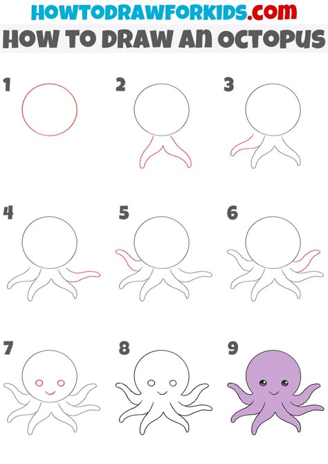 How to Draw an Octopus - Easy Drawing Tutorial For Kids Easy To Draw For Beginners, Octopus How To Draw, Easy Preschool Drawings, Octopus Drawing Tutorial, Aquatic Animals Drawing Easy, Underwater Animals Drawing Easy, Cute Octopus Drawing Easy, Drawing An Octopus, Octopus Drawing Step By Step