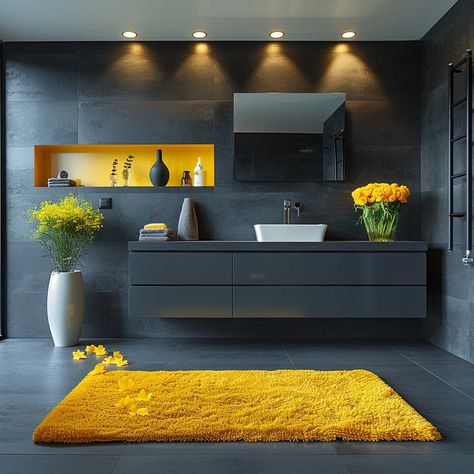 3+ Bathroom Paint Ideas to Transform Your Space with Gray and Yellow • 333+ Inspiring Lifestyle Ideas Blue And Yellow Bathroom, Bathroom Paint Ideas, Columns Decor, Charcoal Walls, Inspiring Lifestyle, Toilet Tiles, Slope House, Geometric Shower Curtain, Yellow Bathroom