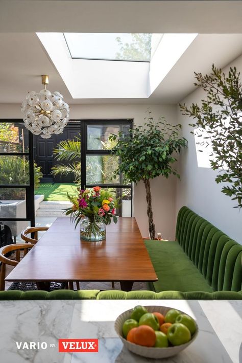 Jessica Hurrell transformed her narrow and dark kitchen into a big open family space drenched in daylight thanks to Vario by VELUX bespoke rooflights.

#homeimprovement #kitchen #marble #goldkitchen #variobyvelux #velux  #rooflights #skylights #roofwindows #bespoke #renovation #daylight #bifold Narrow Kitchen Extension, Velux Skylights Kitchen, Victorian Terrace Kitchen, 1930 House Renovation, Kitchen Conservatory, Side Return Extension, Floor To Ceiling Cabinets, Kitchen Diner Extension, Velux Skylights