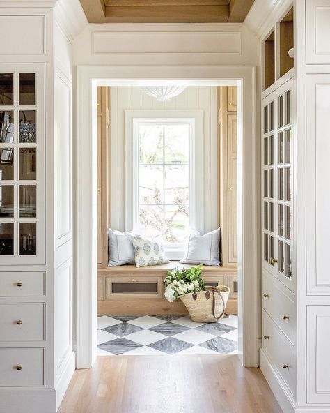 mudroom designed by The Fox Group - Lindsay Salazar Photography - black and white marble floors - gray and white marble floors - Checkerboard Floor, Custom Home Plans, Charming Kitchen, Black And White Tiles, Flipping Houses, Simply Chic, Mud Room, White Tiles, Window Seat