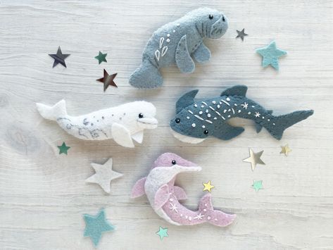 Giant Swimmers | Patreon Felt Whale, Ocean Mobile, Whale Pattern, Pink Dolphin, Beluga Whale, Felt Mobile, Felt Patterns, Silhouette Machine, Felt Art