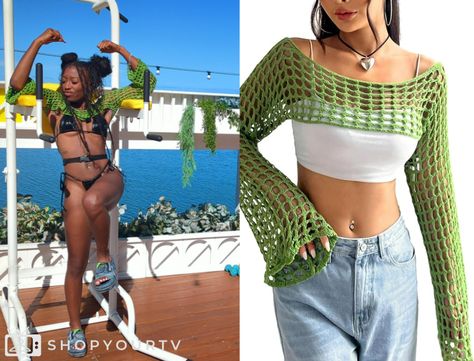 Love Island (USA): Season 6 Episode 5 Serena's Green Shrug Mesh Top Love Island Usa Season 6 Outfits, Serena Love Island, Island Fits, Love Island Outfits, Island Outfits, Love Island Usa, Escape The Night, Braids With Curls, 90 Day Fiance