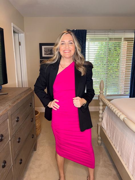 Great date night outfit! The hot pink really makes a statement & this beautiful blazer will keep you warm when it gets cool. Wearing S in dress & blazer . . Petite, black blazer, Barbie, pink dress, theater, Norma kamali dupe, designer dupe#LTKxNSale Follow my shop @Southbaydreamin on the @shop.LTK app to shop this post and get my exclusive app-only content! #liketkit #LTKunder100 #LTKstyletip #LTKshoecrush #LTKunder50 #LTKBacktoSchool #LTKSeasonal #LTKtravel #LTKbeauty @shop.ltk https://liket Bright Blazer, Barbie Pink Dress, Chic Cocktail Dress, Dress Blazer, Punk Dress, Hot Pink Dresses, Pink Blazer, Norma Kamali, Fashion Over 50