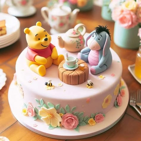 Pink Winnie The Pooh Cake, First Birthday Cake Winnie The Pooh, Poo Cake, Winnie The Pooh Birthday Cake Simple, Oh Cakes Winnie, Classic Pooh Birthday Cake, Tea Party Menu, Pooh Cake, Winnie The Pooh Cake