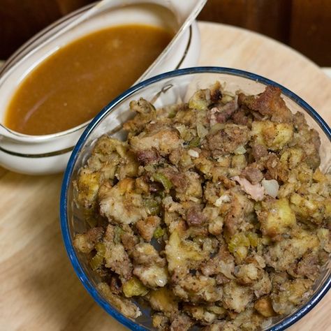 Turkey Stuffing and gravy. Easy to follow instructions with pictures. Stuffing Gravy, Natasha Kitchen, Comforting Casseroles, Perfect Roast Turkey, Turkey Stuffing Recipes, Holidays Recipes, Thanksgiving Dressing, Homemade Stuffing, Turkey Stuffing