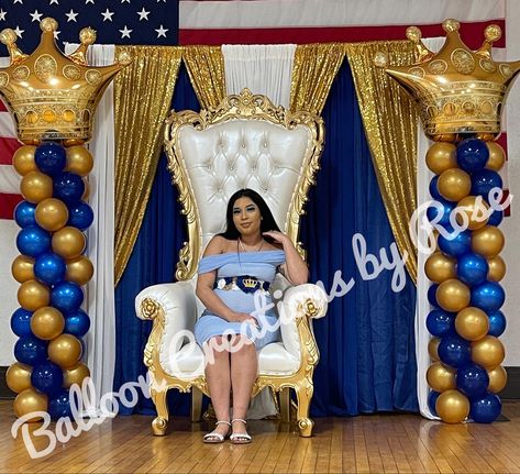 Throne Chair Backdrop, Prom King And Queen, Balloons Backdrop, Black And Gold Party Decorations, Prom Backdrops, 75th Birthday Parties, Prom King, Gold Party Decorations, Throne Chair