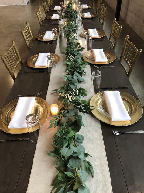 Rustic Theme Table Setting, Black Tablecloth With Green Runner, Green And Gold Dinner Table Setting, Diy Greenery Table Runner, Strawberry Serving Ideas, Black Tablecloth Green Runner, Simple Greenery Table Runner, Simple Eucalyptus Table Runner, Bridal Shower Rectangle Table Set Up