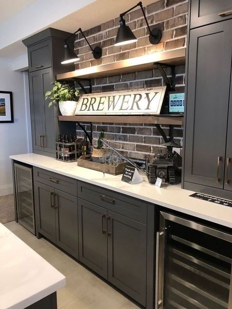 Basement Bar Designs Farmhouse, Manly Kitchen Ideas, Modern Rustic Basement Bar, Black Light Switches In House, Modern Farmhouse Basement Bar, Klearvue Kitchen, Basement Music Room Ideas, Gameroom Bars, Bar In Basement Ideas