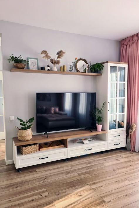 Hanging Tv Console Ideas, Under The Tv Cabinet, Entertainment Center Ideas Decor, Decor Next To Tv On Wall, Tv Room Setup, Cupboard Ideas Living Room, White Room Furniture, Tv Placement In Living Room, Bookshelf Living Room Ideas