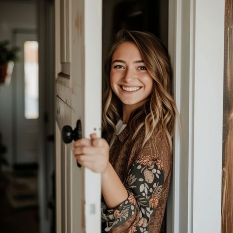 Welcoming Open Door: A joyful young woman with a bright smile greeting from behind an open white door. #smiling #woman #door #greeting #cheerful #aiart #aiphoto #stockcake ⬇️ Download and 📝 Prompt 👉 https://ayr.app/l/m7bt Doorway Poses, Business Portraits Woman, Door Picture, Door Images, Smiling Woman, White Door, Portrait Woman, Open Door, Business Portrait