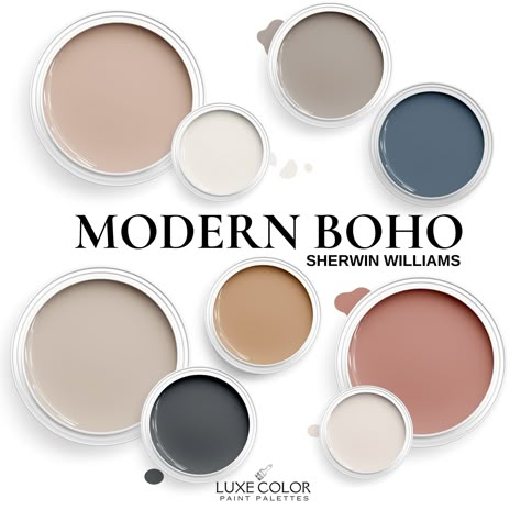 Modern Boho Living Room Color Scheme, Forest Finds Benjamin Moore, Cottagecore Paint Palette, Modern French Color Palette, Boho Dining Room Paint Colors, Anthropologie Paint Colors, Boho Playroom Paint Colors, Brown Wall Color Bedroom, Wellness Center Color Palette