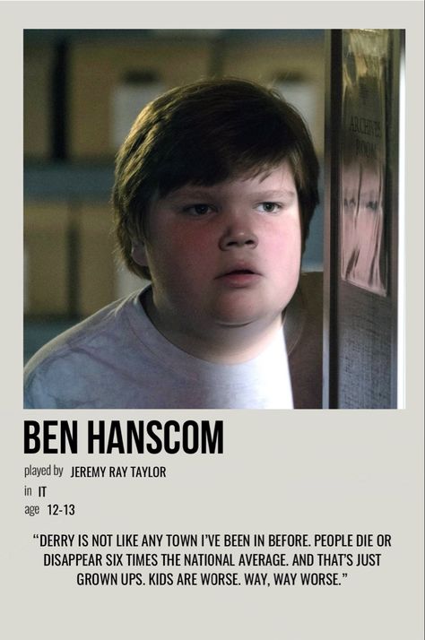 minimal polaroid character poster for ben hanscom from it Character Polaroid Poster, Character Polaroid, Ben Hanscom, American Horror Story Characters, Movies Minimalist, It Characters, Movie Character Posters, It Losers Club, It Chapter 2