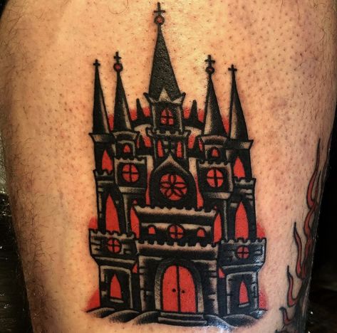 Red And Black American Traditional, American Traditional Haunted House Tattoo, Goth Shin Tattoo, Horror American Traditional Tattoo, Gothic American Traditional, Traditional Gothic Tattoo, Gothic American Traditional Tattoo, American Traditional Halloween Tattoo, Traditional Vampire Tattoo