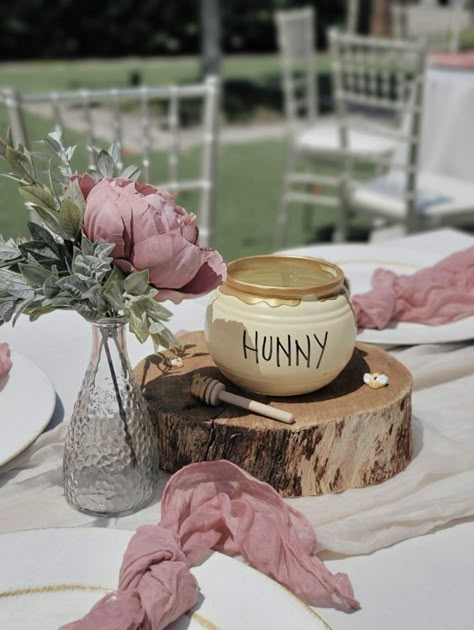 Our little Hunny Bear is ONE! Birthday Party Ideas | Photo 5 of 9 | Catch My Party Winnie The Pooh Centerpiece Ideas, One Birthday Party Ideas, Poo Bear, Pink Tablescape, Honey Bee Baby Shower, Baby Shower Sweets, Winnie The Pooh Themes, Baby Shower Theme Decorations, Disney Baby Shower