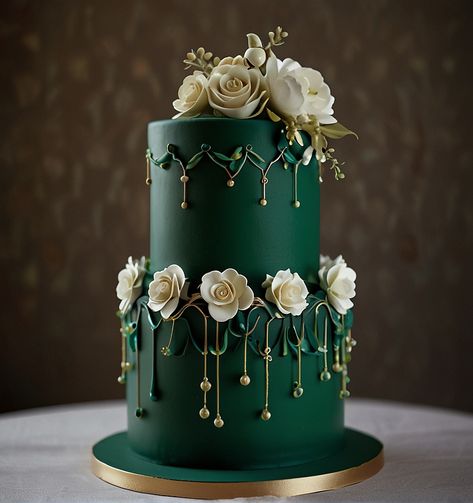 80 Breathtaking Wedding Cake Designs In All Colors Emerald Green Wedding Cake Ideas, Big Cake Design, Dark Green And Gold Wedding Cake, Wedding Cake Designs Green, Emerald And Gold Cake, Emerald Green Cakes, Emerald Green Cake Ideas, Dark Green Wedding Cake, Wedding Cake Green Gold