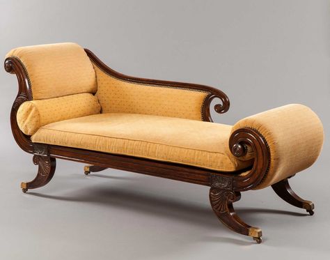 An Antique Regency Chaise - Butchoff Antiques - antique furniture ... Federal Furniture, Regency Interior, Victorian Sofa, Regency Furniture, Georgian Furniture, Classical Furniture, Wooden Sofa Designs, Upholstered Chaise, Regency Period