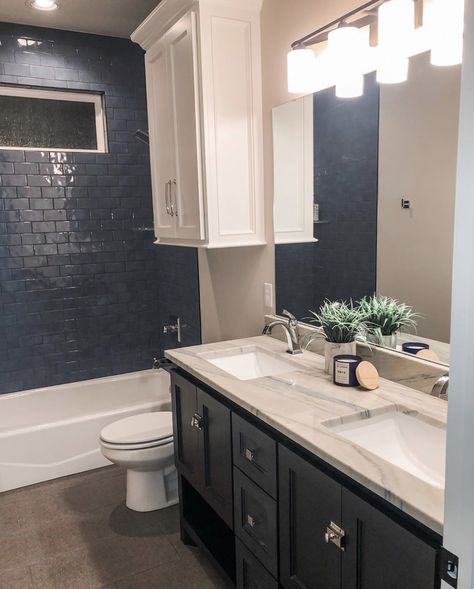 Blue Tile Dark Grout, Dark Blue Backsplash Kitchen, Dark Blue Shower Tile, Dark Blue Bathroom Tiles, Dark Blue Tile Bathroom, Dark Gray Backsplash, Dark Blue Bathroom, Blue Backsplash Kitchen, Mom Bathroom