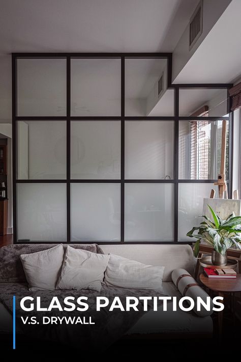 Glass Partitions vs Drywall Benefits, Cost, and Installation. https://crystaliaglass.com/glass-partitions-vs-drywall/ #glasspartitions #interiordesigns #homerenovation #crystaliaglasspartitionsusa #framelessglasspartitions #cgfsystem Glass Partition Designs, Glass Railing System, Frosted Glass Window, Glass Partition Wall, Pony Wall, Temporary Wall, Partition Design, Glass Partition, Loft Living