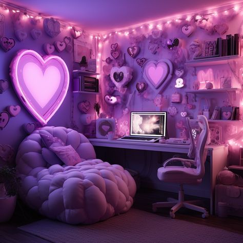 Lavender Gamer Aesthetic, Pink Purple Room Aesthetic, Violet Room Aesthetic, Purple Y2k Bedroom, Purple Y2k Room, Y2k Set Design, Pink And Purple Room Ideas Girly, Dark Kawaii Room, Egirl Room Ideas