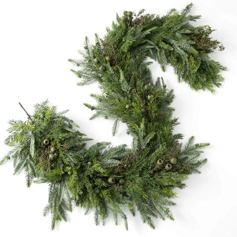 Winter's Bounty - Mixed Juniper, Eucalyptus & Winter Pine Holiday Christmas Mantle Garland Table ... | Darby Creek Trading Christmas Mantle Garland, Garland Table Runner, Decorate Your Fireplace, Christmas Garland Mantle, Fireplace Garland, Mantle Garland, Pine Garland, Holiday Garlands, Christmas Mantle