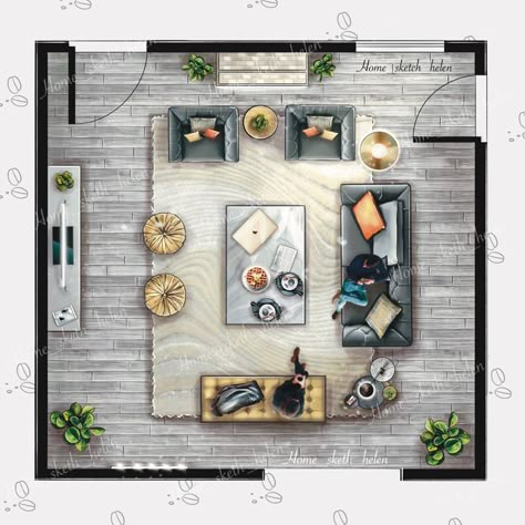 Living Room Design Sketch, 2d Room Design, Interior Design Living Room Sketch, Living Room Sketch, Living Room Render, Floor Plan Rendering, Plan Rendering, Boho Decor Ideas, Plan 2d