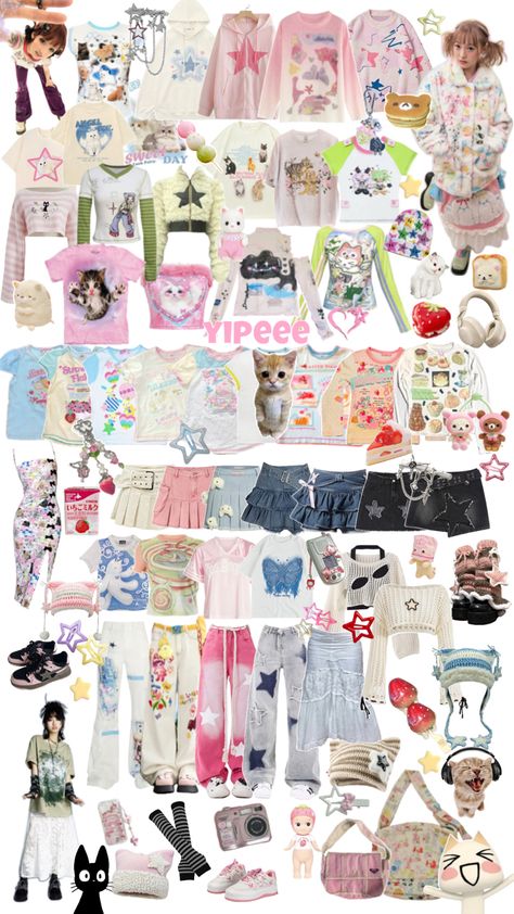 not sure what this aesthetic is called but i adore it smm!!🍓 #cats #y2k #fashion #aesthetic #harajuku #chinesey2k #stars #cute #cutecore #kawaii #mezzopiano #strawberries #silly #rillakuma #catclothes #cattshirt #crochet #accessories Retro Moodboard, Y2k Fashion Aesthetic, Kawaii Outfit Ideas, Silly Clothes, Estilo Harajuku, Aesthetic Outfit Ideas, Funky Outfits, Princess Outfits, Style Change