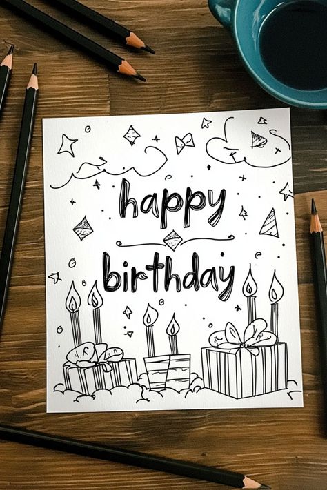 A Happy Birthday drawing with presents, candles, and decorative stars. Happy Birthday Wishes Drawing, Birthday Wishes Drawing, Sketch Ideas For Kids, Happy Birthday Card Drawing, Happy Birthday Drawing, Drawing Sketch Ideas, 6th Birthday Girls, Happy Birthday Uncle, Happy Birthday Drawings