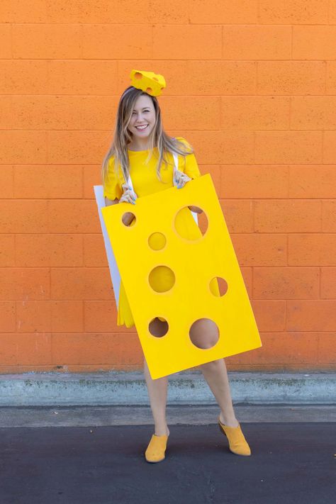 DIY Easy Cheese Costume (Cheeseboard Costume) // Use poster board to make a fun cheesy costume complete with a wedge of cheese headband! This easy last-minute costume is perfect for kids or adults to wear this Halloween #costume #easycostume #diycostume #halloween #adultcostumes #kidscostumes #cheese #posterboard Cheese Costume, Work Appropriate Halloween Costumes, Food Halloween Costumes, Easy Halloween Costumes For Women, Quick Halloween Costumes, Diy Cheese, Headband Crafts, Cheese Wedge, Elephant Quilt