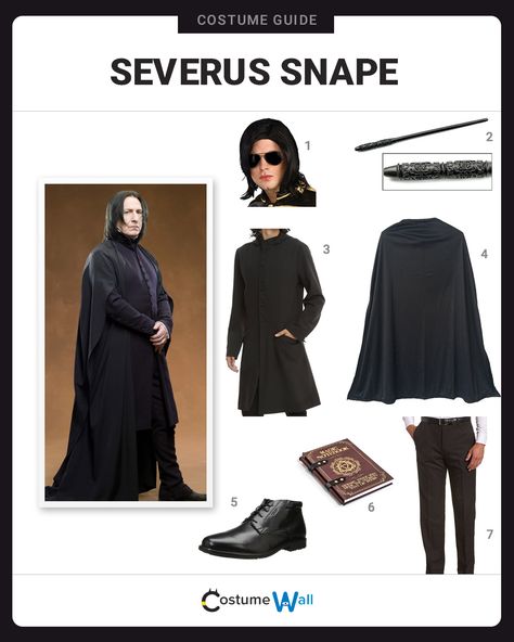 The cosplay guide for dressing up like Severus Snape the Hogwarts professor who treats Harry harshly in J. K. Rowling's Harry Potter series. Professor Dumbledore Costume, Severus Snape Costume, Snape Halloween Costume, Snape Costume, Snape Cosplay, Harry Potter Dress Up, Harry Potter Kostüm, Harry Potter Professors, Harry Potter Dress