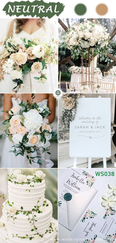 Spring garden neutral wedding with ivory and green tone, diy wedding bouquets, wedding cake, wedding sign and tall centerpieces, garden glam wedding theme, backyard weddings, wedding decorations elegant classy Glam Wedding Theme, Neutral Wedding Theme, Prosecco Wedding, Wedding Decorations Elegant, Vintage Simple Wedding Dress, Rustic Wedding Dress Lace, Modern Wedding Centerpieces, Elegant Wedding Colors, Diy Wedding Bouquets