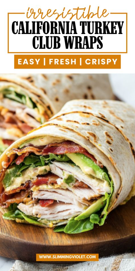 These California Turkey Club Wraps are a delicious and nutritious twist on a classic club sandwich. Packed with turkey slices, crispy bacon, creamy avocado, lettuce, tomato, and a dollop of ranch or mayo, they’re a flavor-packed lunch that’s ready in minutes. The combination of protein and fresh veggies makes them a filling yet light option. Perfect for busy days, picnics, or packed lunches, these wraps are a modern take on a timeless favorite. Save this recipe to elevate your lunchtime routine with California-inspired flavors! California Turkey Sandwich, California Turkey Club Wrap, Lunch Ideas For Adults Work, California Club Wrap, Filling Wraps For Lunch, Easy Cold Meals For Lunch, Easy Work Lunch Ideas Healthy, California Turkey Wrap, No Refrigerator Lunches