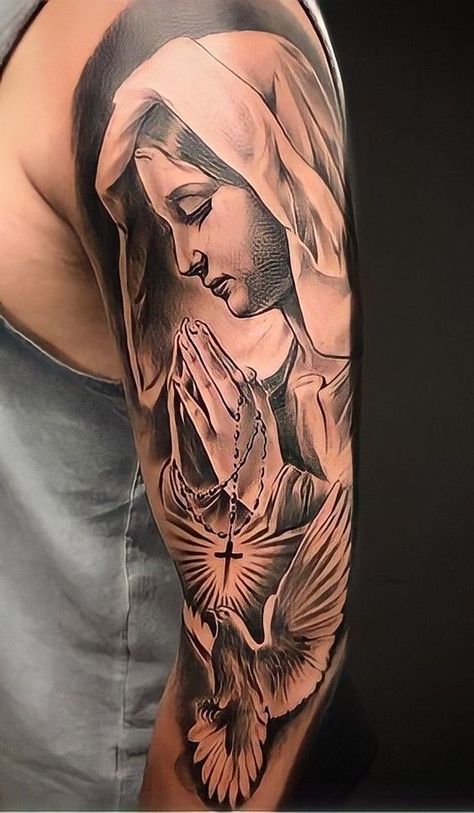 60+ Virgin Mary tattoo ideas: designs on different parts of the body in various styles with pain evaluation. Bonus: a detailed explanation of the meanings. St Mary Tattoo, Mary Tattoos, Christus Tattoo, Mother Mary Tattoos, St Michael Tattoo, Mens Body Tattoos, Michael Tattoo, Catholic Tattoos, Virgin Mary Tattoo