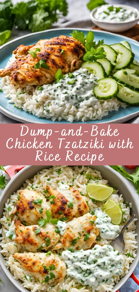 Dump-and-Bake Chicken Tzatziki with Rice Recipe | Cheff Recipes Lite Chicken Dinner Recipes, Mediterranean Diet Recipes Sheet Pan, Eat With Clarity, Delicious High Protein Meals, Dinner With Rice Ideas, New Dinner Ideas Healthy, Taziki Chicken Recipes, Chicken Tzatziki Recipes, Recipes With Tzatziki Sauce