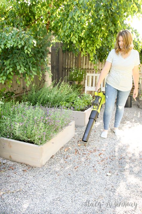 Pea Gravel Patio Landscaping, Graveled Garden Ideas, Pea Gravel In Garden, Pea Gravel With Brick Border, Pea Gravel Around Concrete Patio, Gravel Planting Ideas, Laying Down Pea Gravel, Raised Bed Garden With Pea Gravel, Grey Pea Gravel