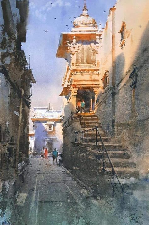 Watercolor Art Landscape Village, Prafull Sawant, Watercolor Indian, Shiva Temple, Watercolor Scenery, Composition Painting, Watercolor Architecture, Art Village, Temple Art