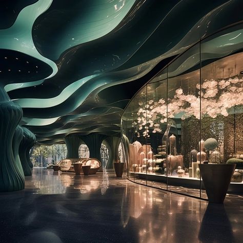 Water Ceiling Design, Luxury Hotels Lobby, Hotel Concept, Restaurant Concept, Reception Design, Boho House, Curve Design, Futuristic Architecture, Architectural Inspiration