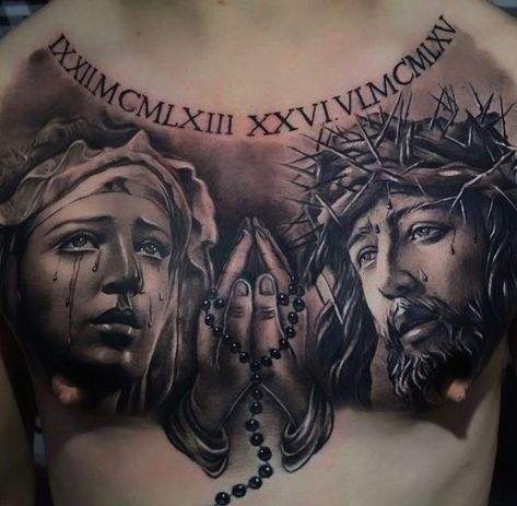 Catholic Chest Tattoos, Jesus Chest Tattoo Men, Christian Chest Tattoo, Religious Chest Tattoo, Christian Chest Tattoo Men, Jesus Tattoo Design For Men, Half Chest Tattoo Men, Chest Tattoo Design For Men, Jesus Chest Tattoo