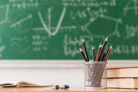 Pencil pot and books on desk at math cla... | Free Photo #Freepik #freephoto #background #school #books #education Books On Desk, Math Examples, Background School, Chalkboard Writing, Writing Equations, Lectures Room, Green Chalkboard, Mathematical Equations, Physics And Mathematics