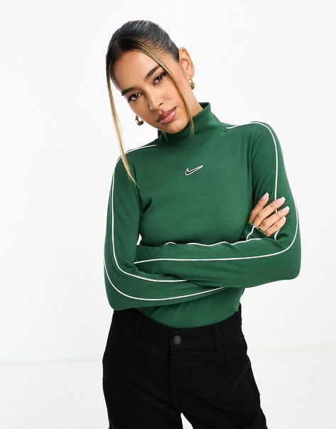 Nike Streetwear mock neck long sleeve t-shirt in dark green and white | ASOS Green Streetwear, Nike Embroidery, Air Max 90s, Nike Streetwear, Top Street Style, Nike Top, Mock Neck Long Sleeve, Performance Leggings, High Neck Long Sleeve