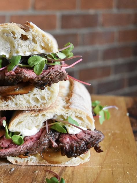 Angus Steak Sandwich with Horseradish & Parmesan Cream Sauce - Heatherlea Farm Shoppe Steak And Horseradish Sandwich, Steak Sandwich Recipes Horseradish, The Bear Food, Steak Sandwich Recipes, Angus Steak, Parmesan Cream Sauce, Prepared Horseradish, Steak Sandwich, Beef Sandwich