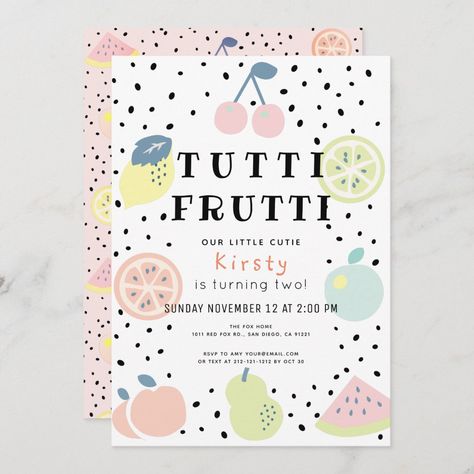 This cute "tutti frutti or two-tti frutti" 2nd birthday invitation features a white background with cherries, lemons, oranges, apples, watermelons, and pears in pastel colors. The reverse side features pastel pink background with fruit patterns. Change the background color and personalize for your needs. You can find more matching products at my store. Fruit Birthday Party, Orange Photo, Cake Lettering, Watermelon And Lemon, Fruit Birthday, Fruit Orange, 2nd Birthday Invitations, First Birthday Party Themes, Colorful Fruit