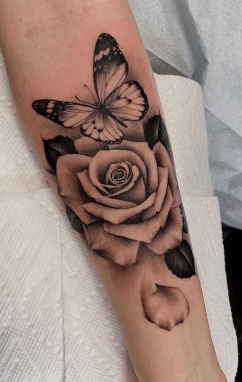 Rose And Butterfly Tattoo, Rose Tattoos For Women, Butterfly Tattoos For Women, Forarm Tattoos, Dope Tattoos For Women, Butterfly Tattoos, Shoulder Tattoos For Women, Stylist Tattoos, Butterfly Tattoo Designs