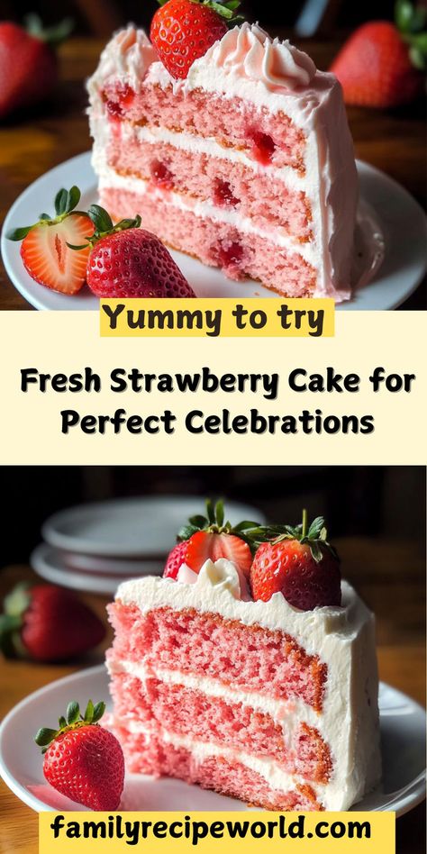 Celebrate any occasion with a homemade strawberry cake that’s bursting with flavor! This fresh strawberry cake is made from scratch, featuring a light and fluffy vanilla base infused with juicy strawberries. Ideal for birthdays, family gatherings, or casual get-togethers, this cake is not only a treat for the taste buds but also a feast for the eyes. Easy to prepare and absolutely delicious, this dessert will leave everyone asking for seconds. Grab your fresh strawberries and get ready to bake a memorable cake! Homemade Strawberry Cake, Fresh Strawberry Cake, Fresh Strawberries, Strawberry Cake, Made From Scratch, Fresh Strawberry, Family Gatherings, Taste Buds, Strawberries