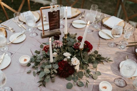 Boho Chic Fall Wedding at Chatfield Hollow Inn Eucalyptus Fall Wedding Table Decor, Burgundy Eucalyptus Wedding, Burgundy Dahlia Centerpiece, Romantic Round Table Setting Wedding, Burgundy Rustic Wedding Centerpieces, Fall Candle Centerpieces For Table, Rustic Burgundy Wedding Centerpieces, Burgundy Wedding Decorations Receptions, Wedding Centerpieces Taper Candles